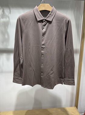 依文新款男士商务春夏秋款棉桑蚕丝弹性咖色长袖衬衫翻领T恤开衫