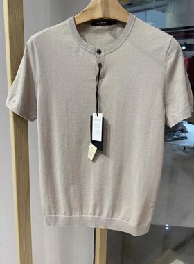 依文诺丁山男士小码特价水晶扣夏季圆领卡其色短袖T恤吊牌1380元