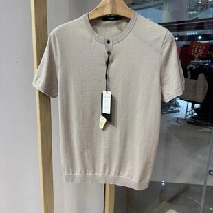 依文诺丁山男士商务水晶扣夏季圆领卡其色半袖短袖T恤吊牌1380元