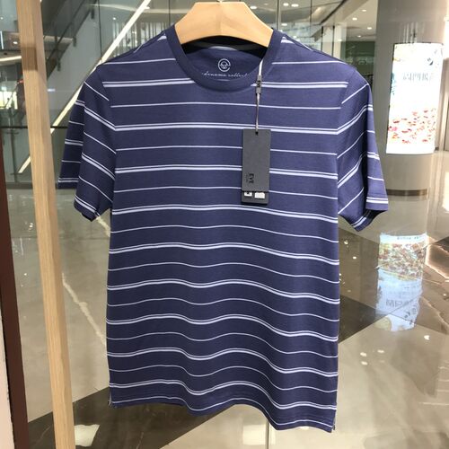 依文正品小尺码特价男士商务高档含桑蚕丝圆领蓝灰色T恤半袖短袖