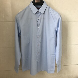 依文正品诺丁山促销男士夏季时尚施华洛元素蓝色/白色长袖衬衫