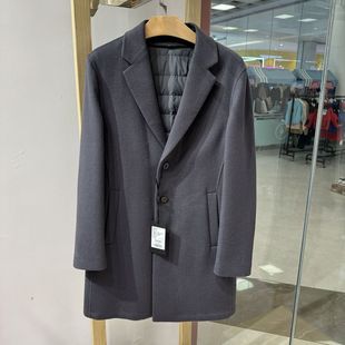 诺丁山男士商务防雪白鹅绒羊毛羽绒灰色西装领毛呢大衣吊牌6980元