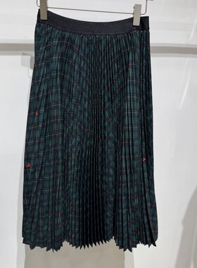 依文EVE CINA女士商务显瘦职业上班墨绿色半身裙百褶裙子专柜同款