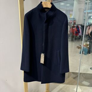 藏蓝色毛呢大衣吊牌5680元 商务意大利级纱线绵羊毛中长款 依文男士