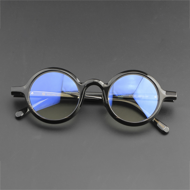 天然牛角圆框光学眼镜手工制作超轻近视镜框男女可配近视眼镜1102