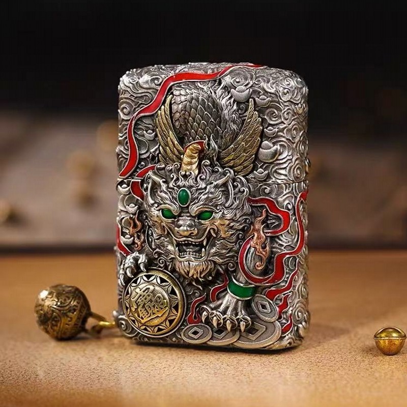 zippo打火机正品原装 古银重甲夜光灵动貔貅 防风煤油机男士礼物