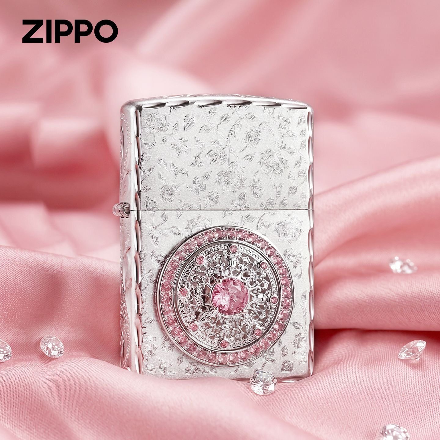 zippo打火机镀银玫瑰八宝罗盘