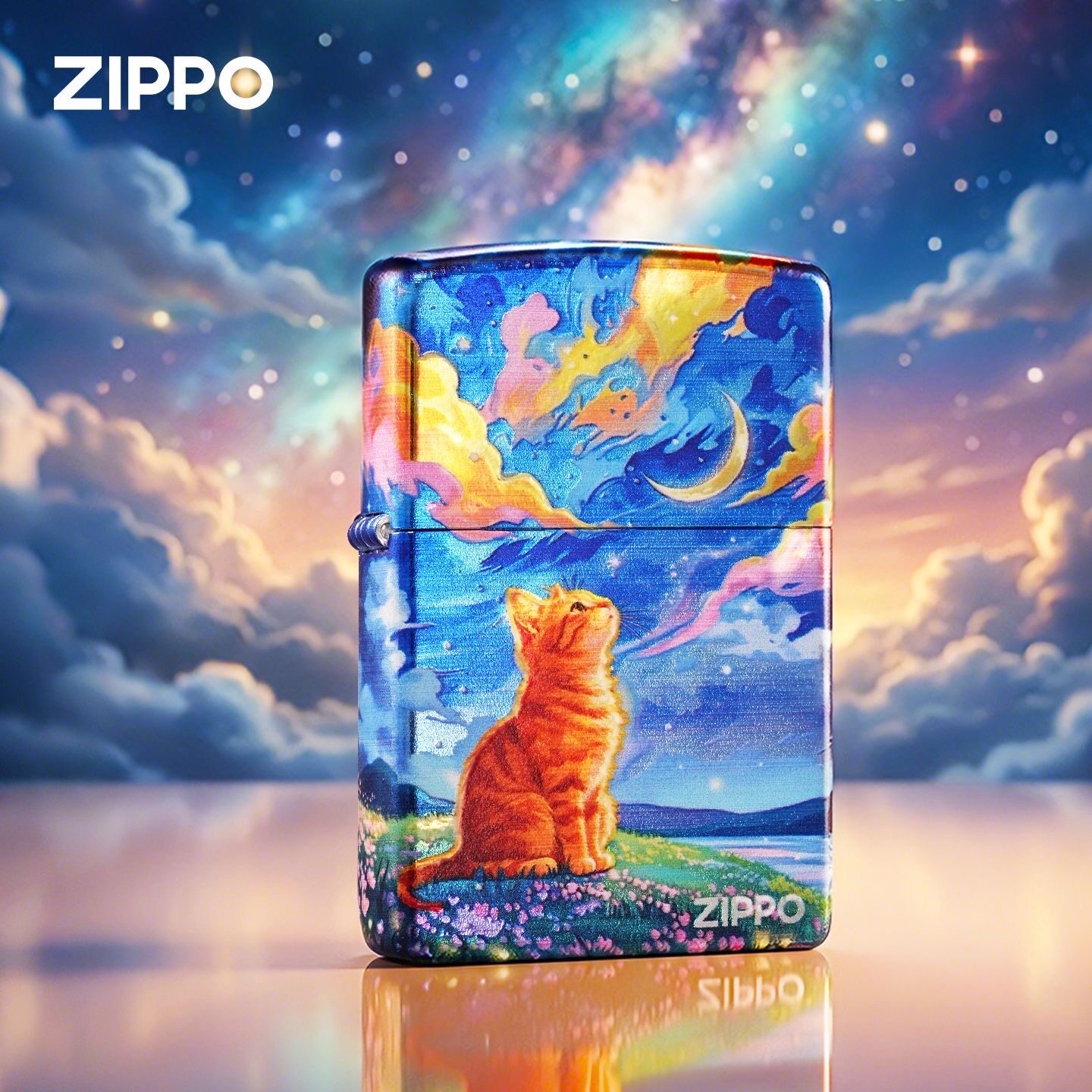 zippo打火机镀银彩印望月橘猫