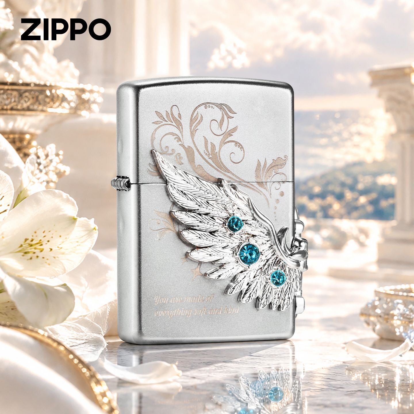 zippo打火机银色深雕热恋羽翼
