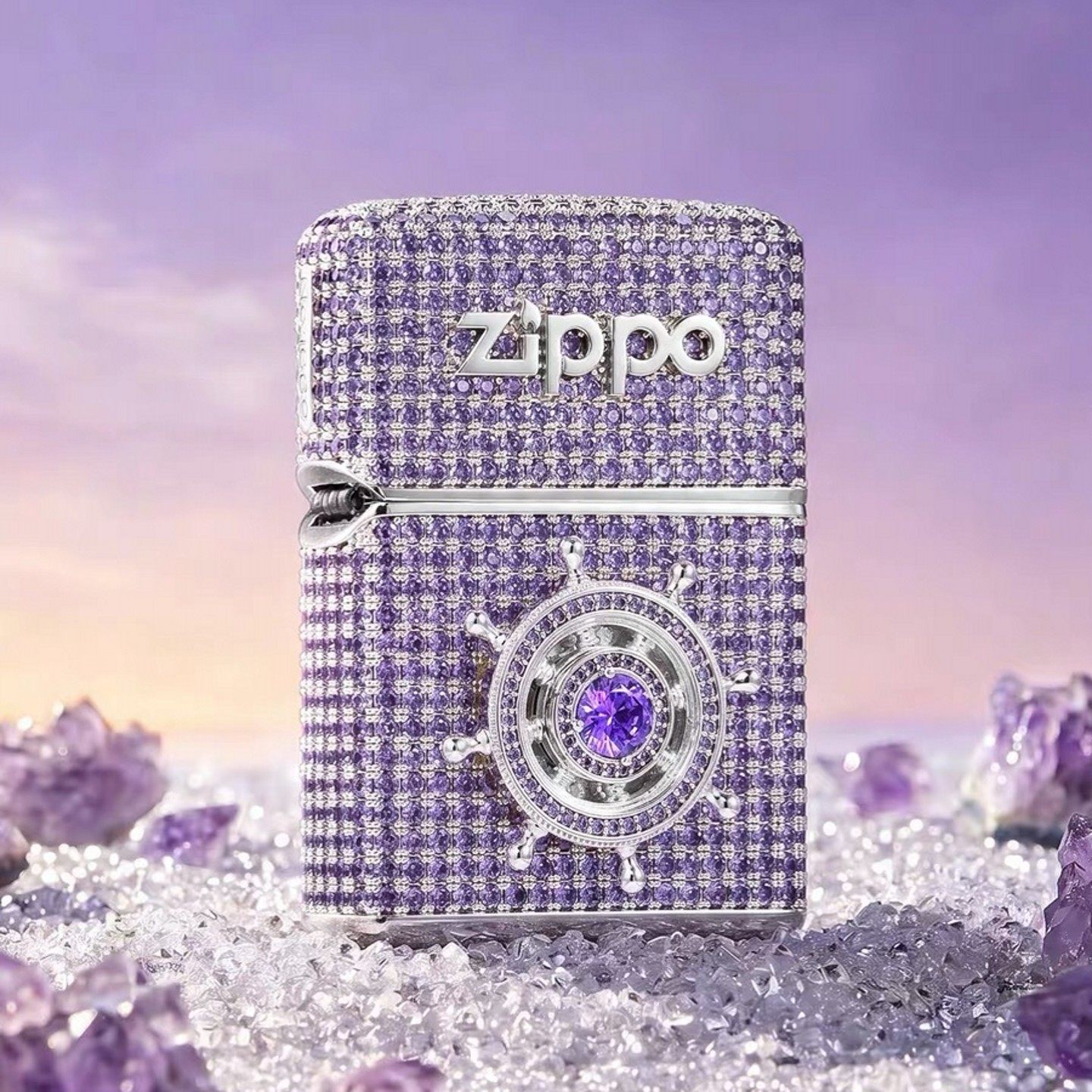 zippo打火机正品 镀银紫钻罗盘重甲贴章 煤油防风创意礼物送男士