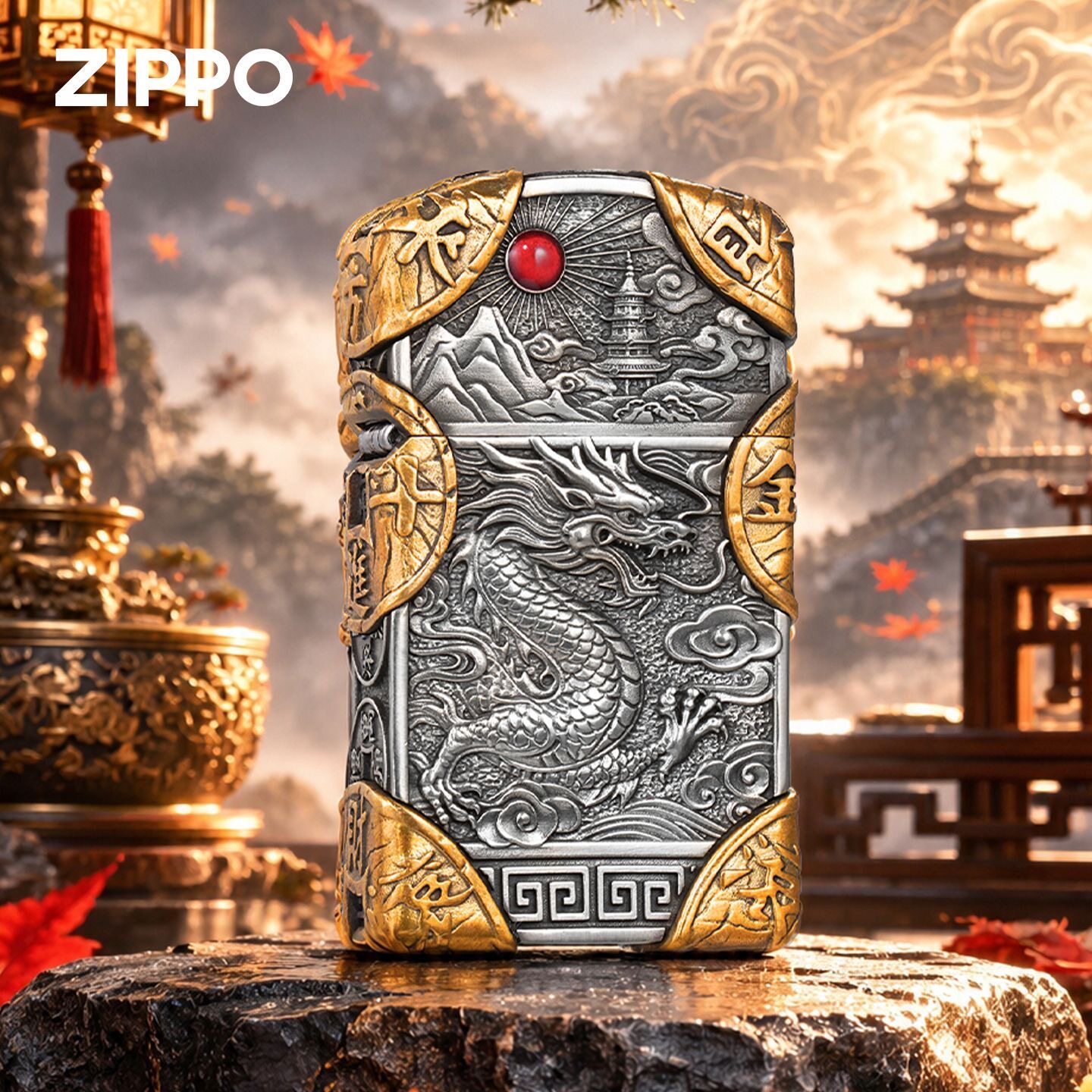 zippo打火机古银窄机祥龙财神扇