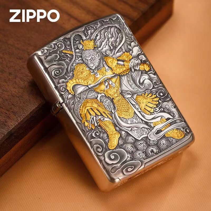 zippo打火机正品 纯银机盔甲錾金鬼王封侯拜相 煤油防风男士收藏