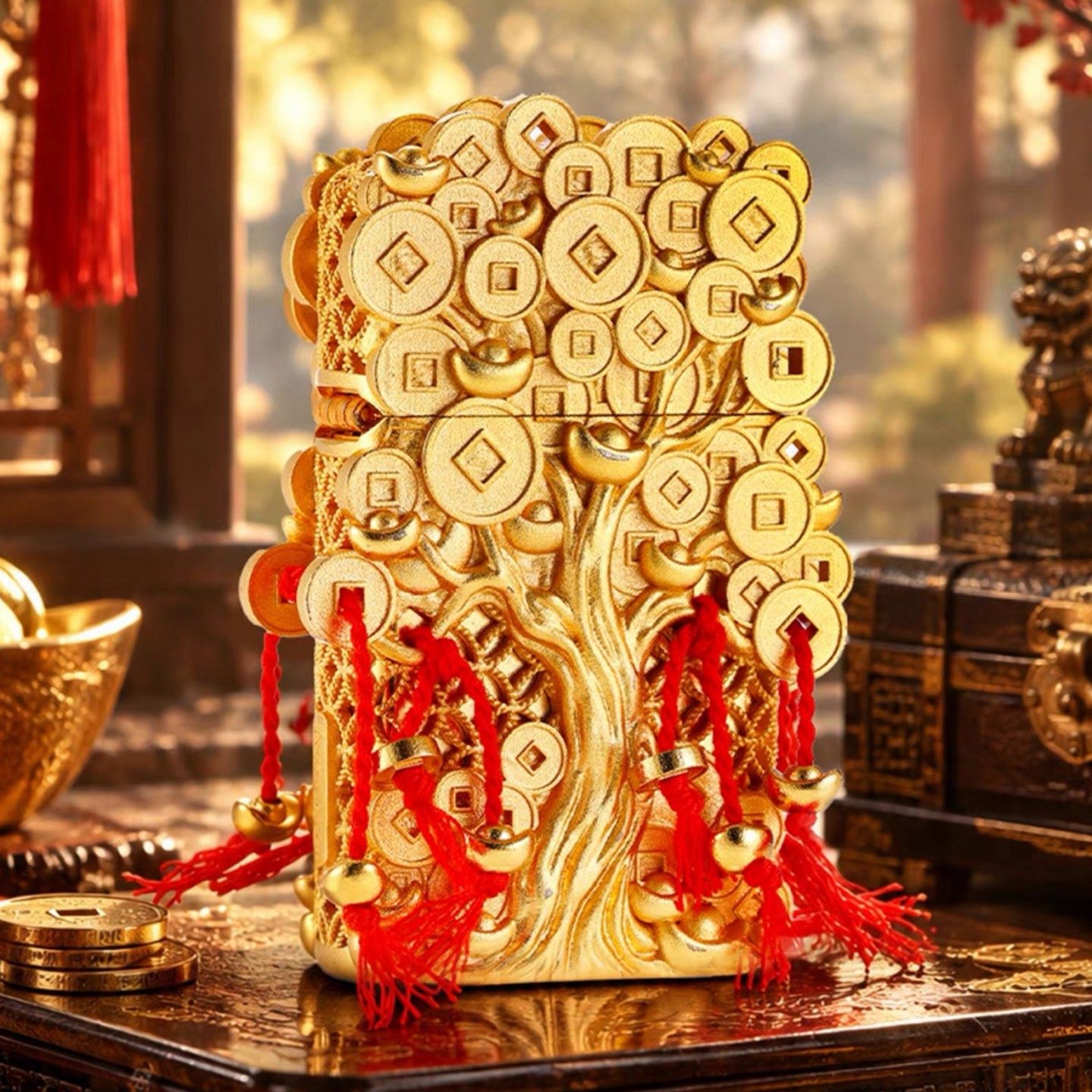 zippo打火机镀金窄机花丝摇钱树