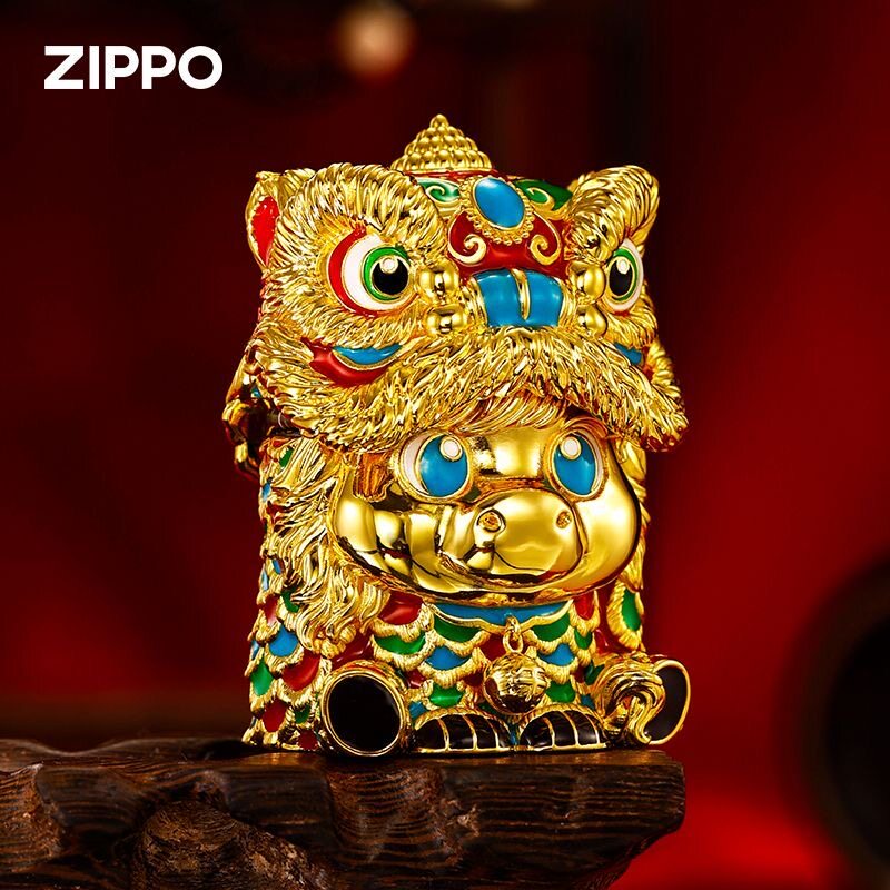 zippo打火机正品 镀金珐琅夜光套壳萌趣马醒狮 男士防风煤油礼物