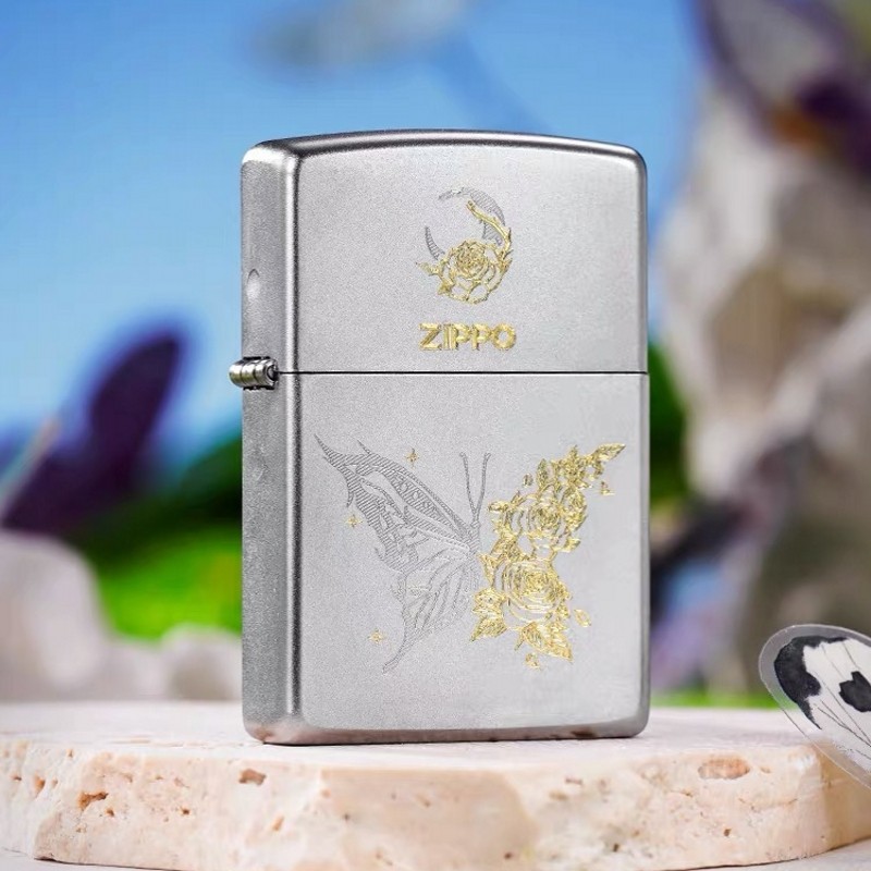 zippo打火机正品原装 磨砂双色划刻蝴蝶蔷薇 煤油机防风男士礼物