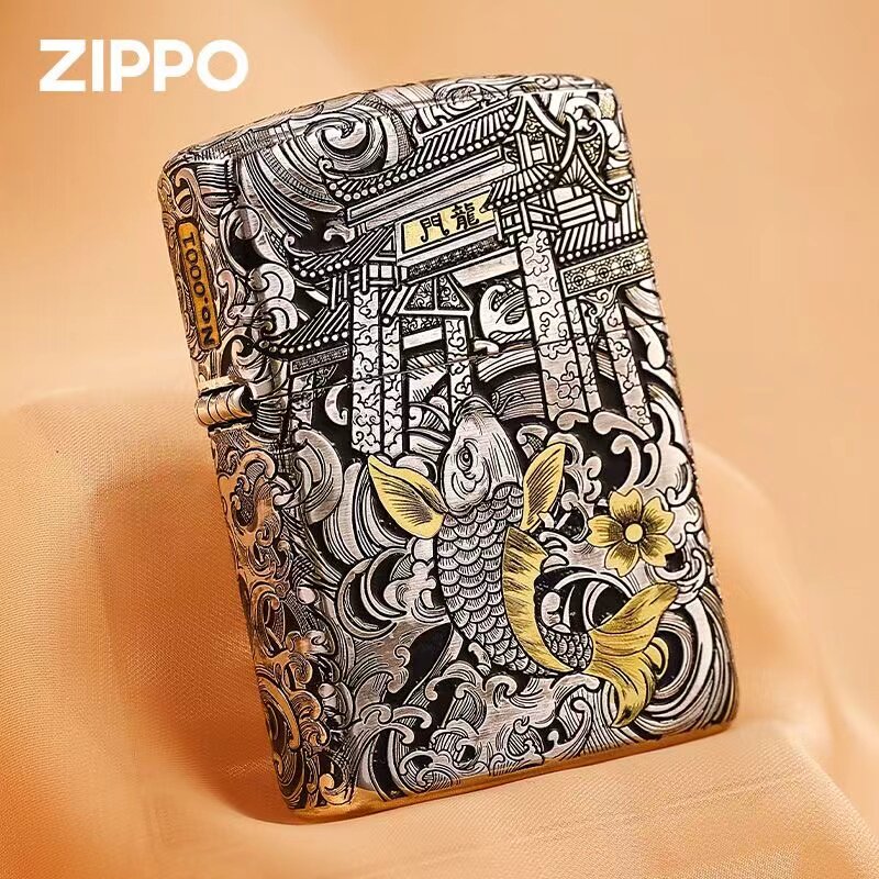 zippo打火机正品原装 盔甲深雕填漆鲤鱼跃龙门 男士防风煤油礼物
