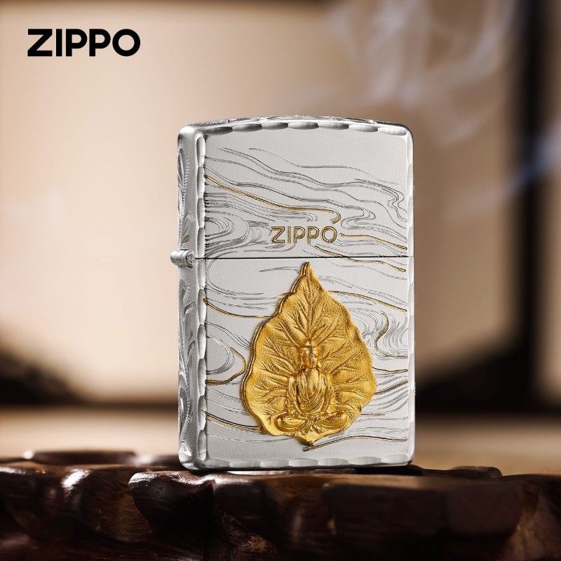 zippo打火机镀银雕花一叶菩提