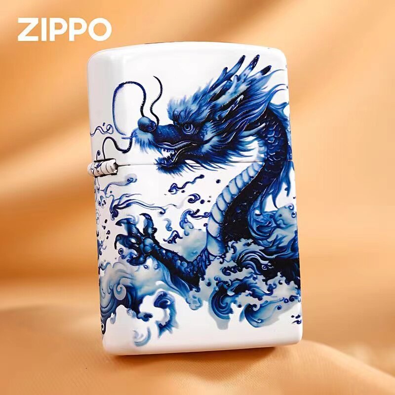 zippo打火机亮漆青花瓷环绕龙