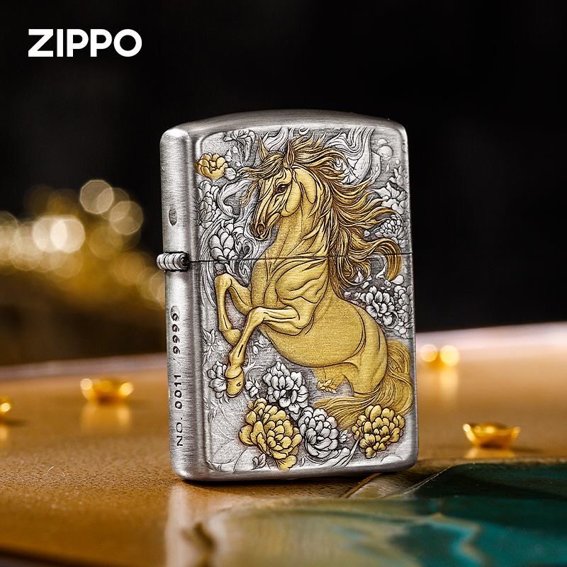 zippo打火机盔甲熏银一马当先