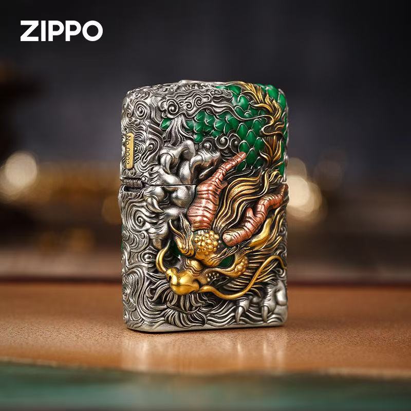 zippo打火机古银套壳夜光青龙
