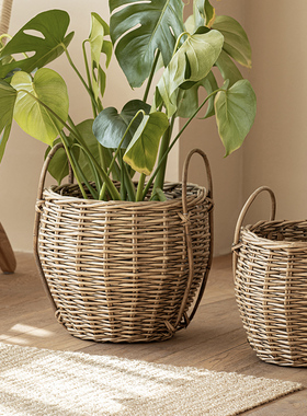 日式藤编编织大号花篮客厅绿植植物龟背竹落地花盆田园风装饰花器
