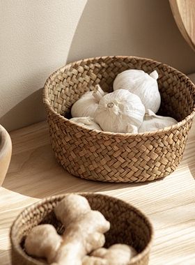 天然海草编织收纳筐厨房姜蒜收纳篮小号圆形玄关桌面杂物储物筐子