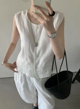 卡蔓诗qzx10226白色圆领单排扣亚麻马甲女2025秋季宽松百搭上衣