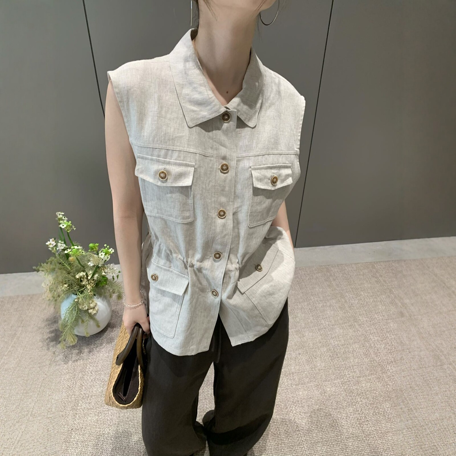 Enxi蒽茜20930韩系工装风翻领收腰亚麻马甲女2026夏季百搭上衣