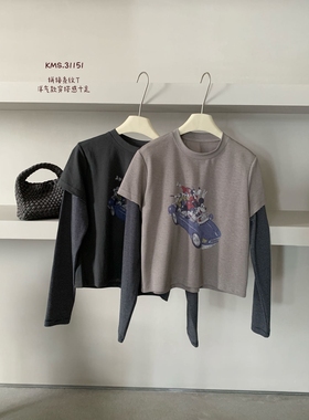 卡蔓诗31151韩系条纹长袖拼接短袖T恤女2025秋季小个子百搭上衣