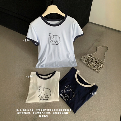 韩系小熊刺绣撞色短袖女T恤夏季
