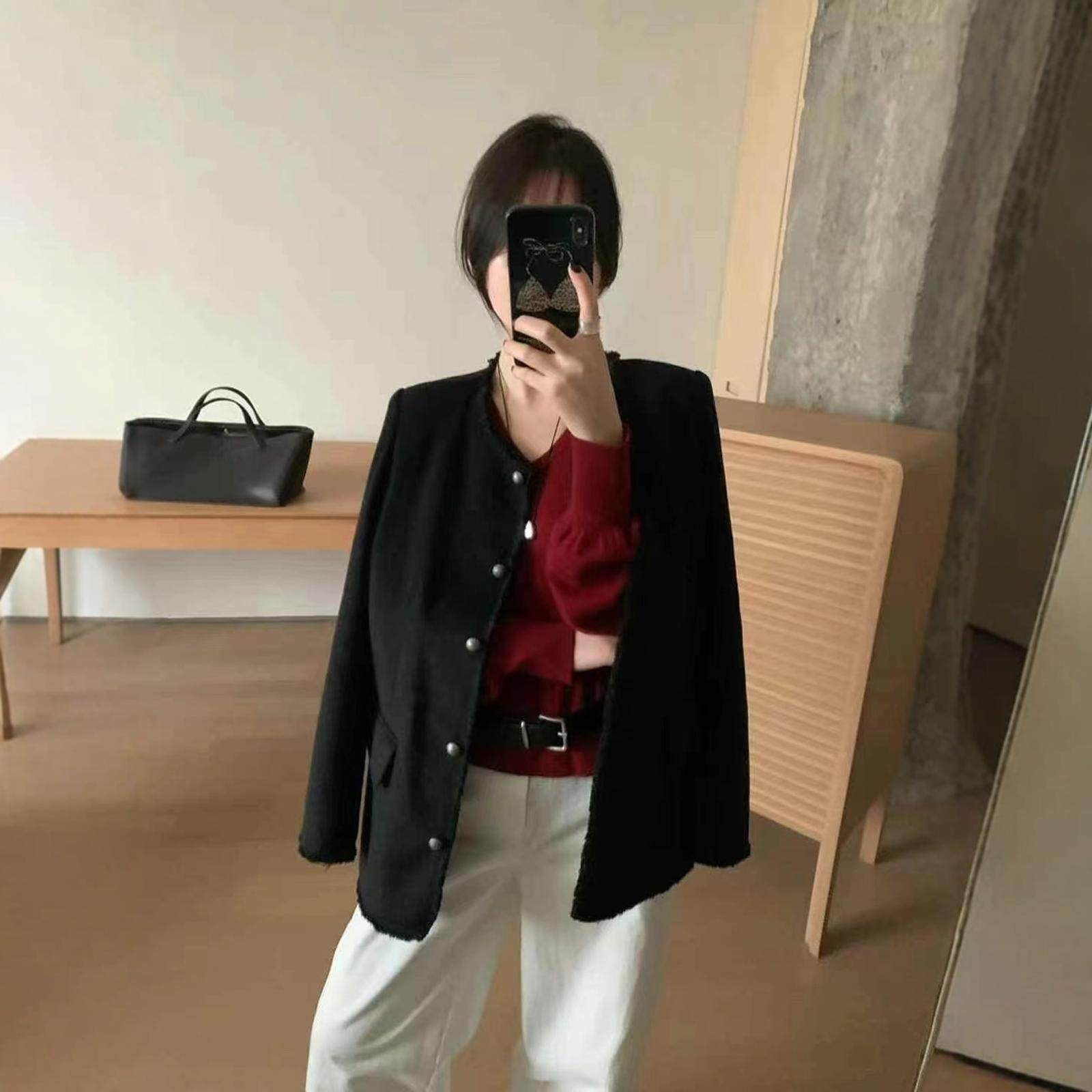 蒽茜1703金扣小香风毛呢西装外套