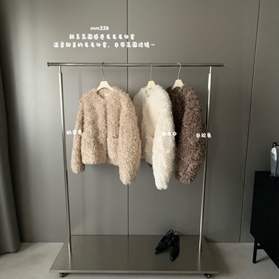 韩系圆领卷毛单排扣毛毛外套女