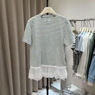 iD sister韩系蕾丝拼接条纹短袖T恤女2025春季甜美百搭闺蜜风上衣