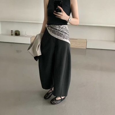 韩系丝巾腰带宽松九分西装裤女