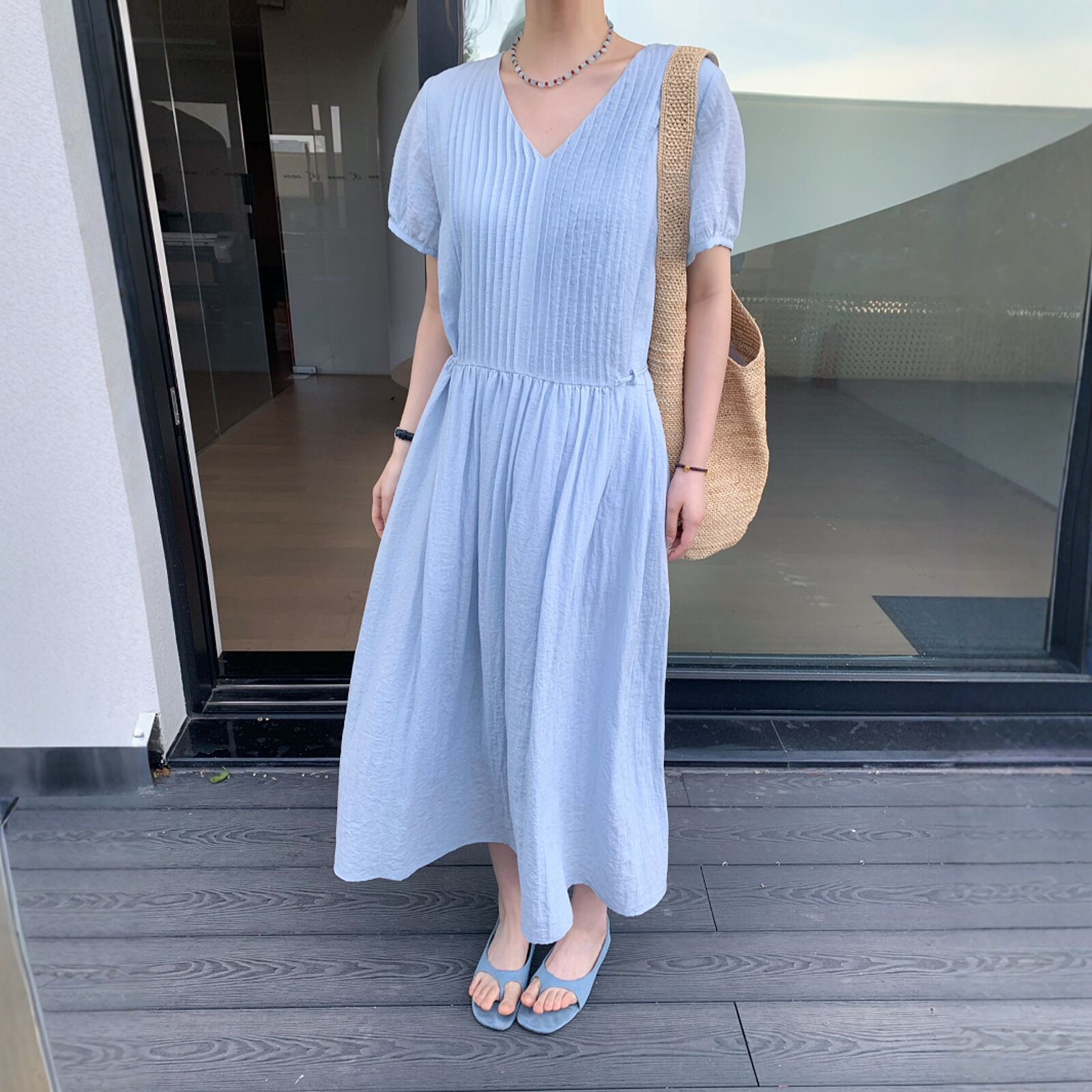 enxi蒽茜20280韩系压褶V领绑带收腰短袖连衣裙女2025夏季显瘦长裙