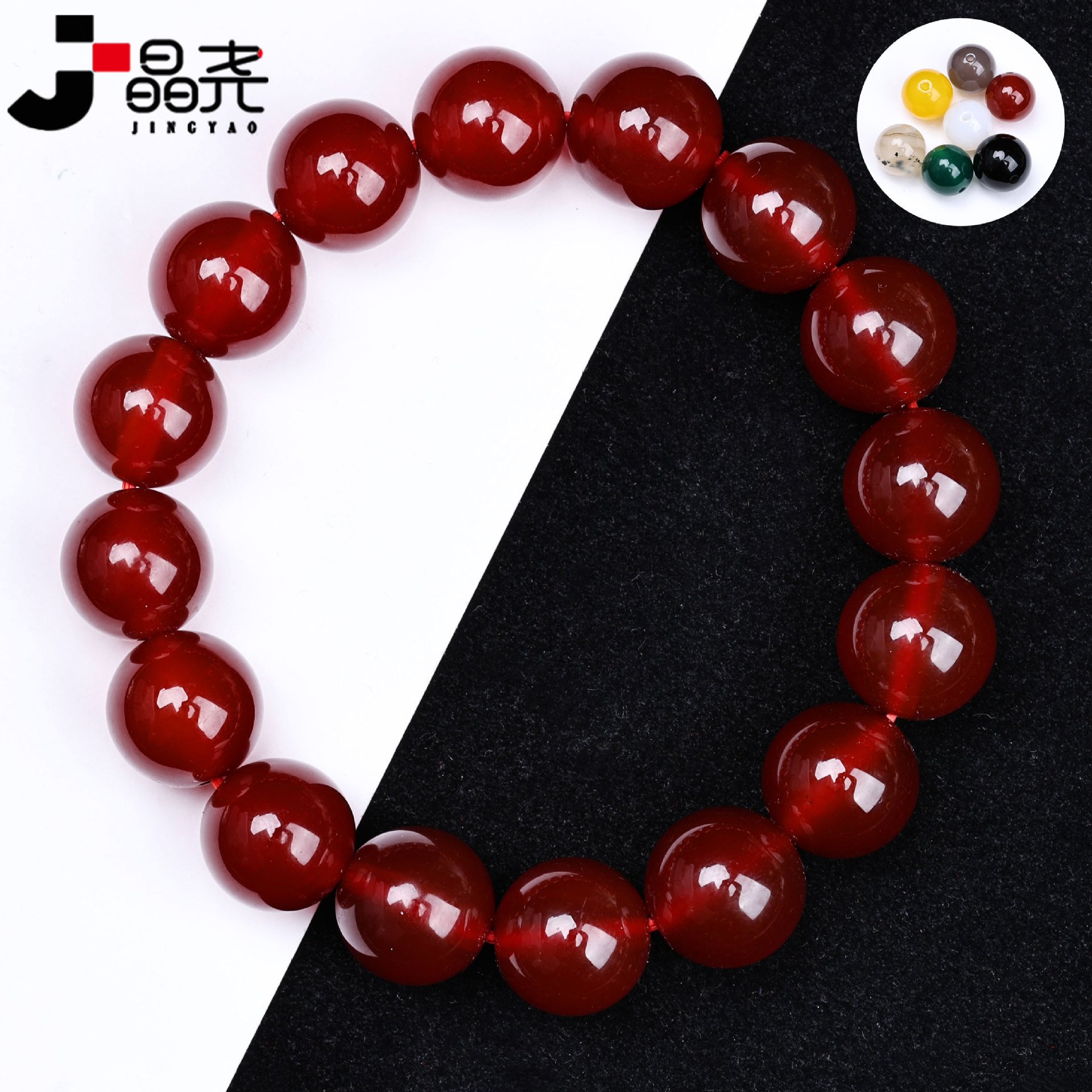 晶尧 7A红绿黑玛瑙单圈手链6-14mm三圈108颗佛珠手串男女水晶饰品