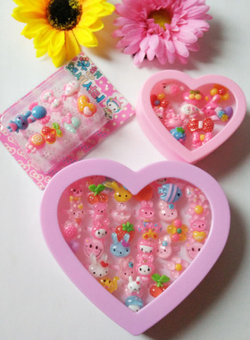 儿童糖果色卡通夜市爱心盒装戒指