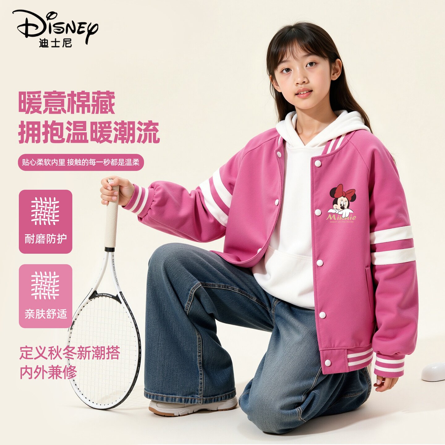 迪士尼儿童棒球服夹棉外套秋冬男女童时尚百搭休闲上衣运动夹克装