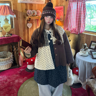 复古可爱韩系拼接格子碎花棉服外套女 2025冬天 Eve