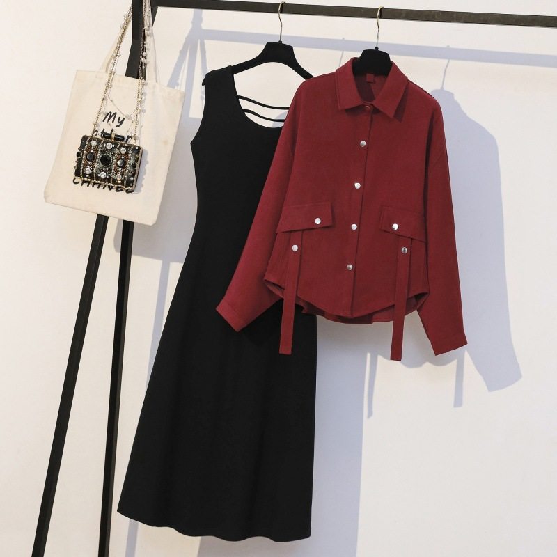 大码时尚秋冬外套气质套装女胖mm翻领衬衫针织背心裙显瘦两件套装