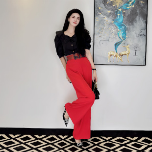 黑色短款 新款 蝴蝶结泡泡袖 春夏季 休闲风宽松上衣长裤 刘一菲同款