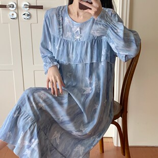 新款睡裙人造棉国风印花宽松连衣裙长袖长裙女士家居服清新睡衣
