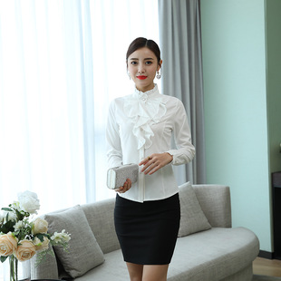 新款立领花边紫衬衣 白领女士修身立领衬衫 长袖秋冬打底衫女