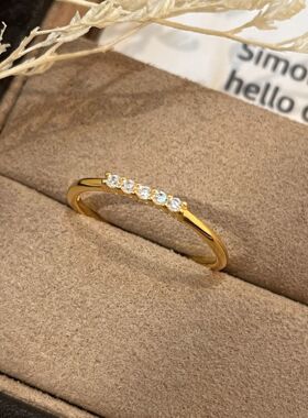S925纯银镀18K金排钻戒指纤细极简款指环小众百搭通勤款外贸批发