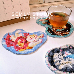 STUDIO 材料包 SEMLY 满珠绣小猫咪杯垫摆件挂饰手工刺绣diy