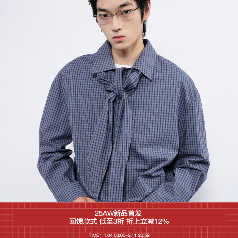 7440 37 1 AW25 格纹棉感抽绳大领巾衬衣,男装,衬衫,淘宝优惠券,粉丝福利购,淘宝优惠卷