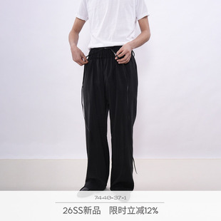 7440 37 1 SS26 宽腰头真皮植鞣革皮绳装饰碎褶凉感天丝长裤