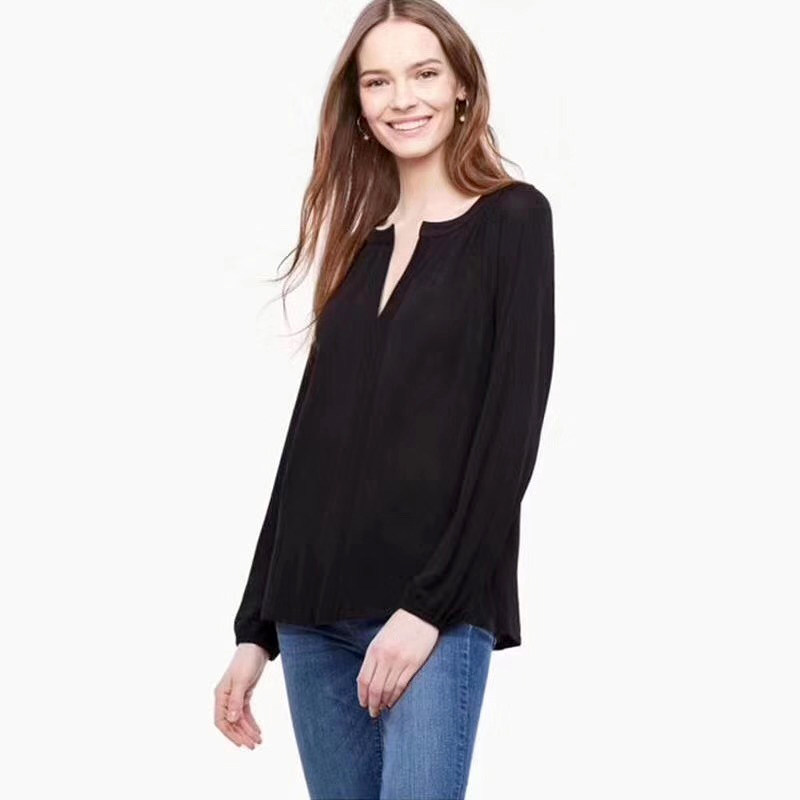 欧美A家 简洁气质  OL修身显瘦V领微弹黑色长袖衬衫上衣 加小码