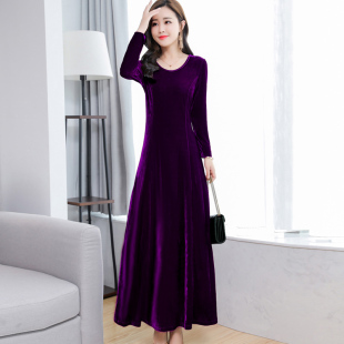 优雅长款 金丝绒圆领修身 连衣裙气质显瘦减龄春秋冬连衣裙 长款 长袖