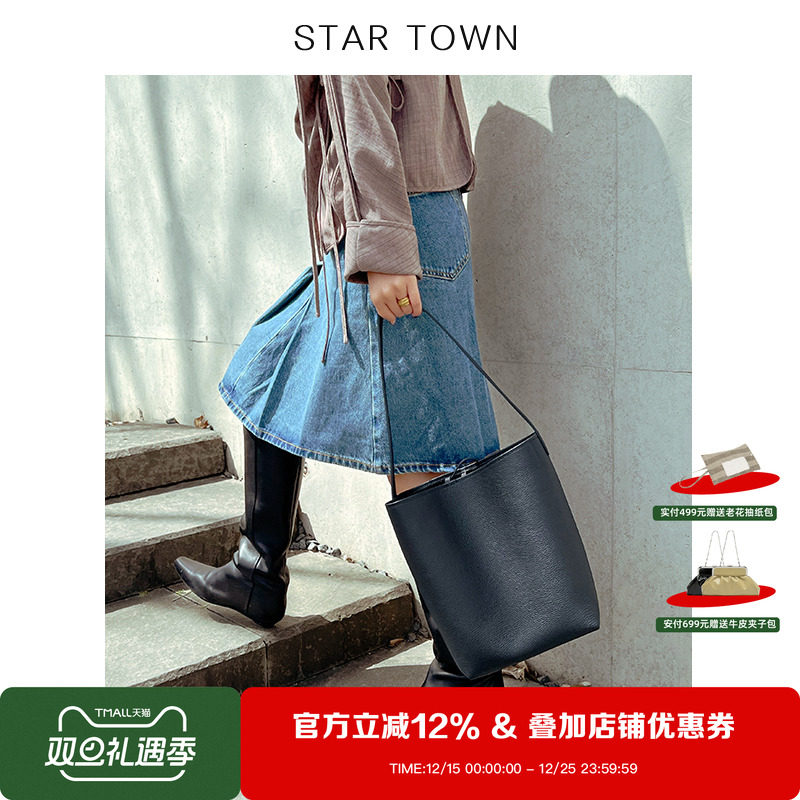 单肩腋下包包头层牛皮手提水桶包